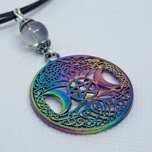 Rainbow Tripple Moon Tree of Life Pendant with Rope Necklace